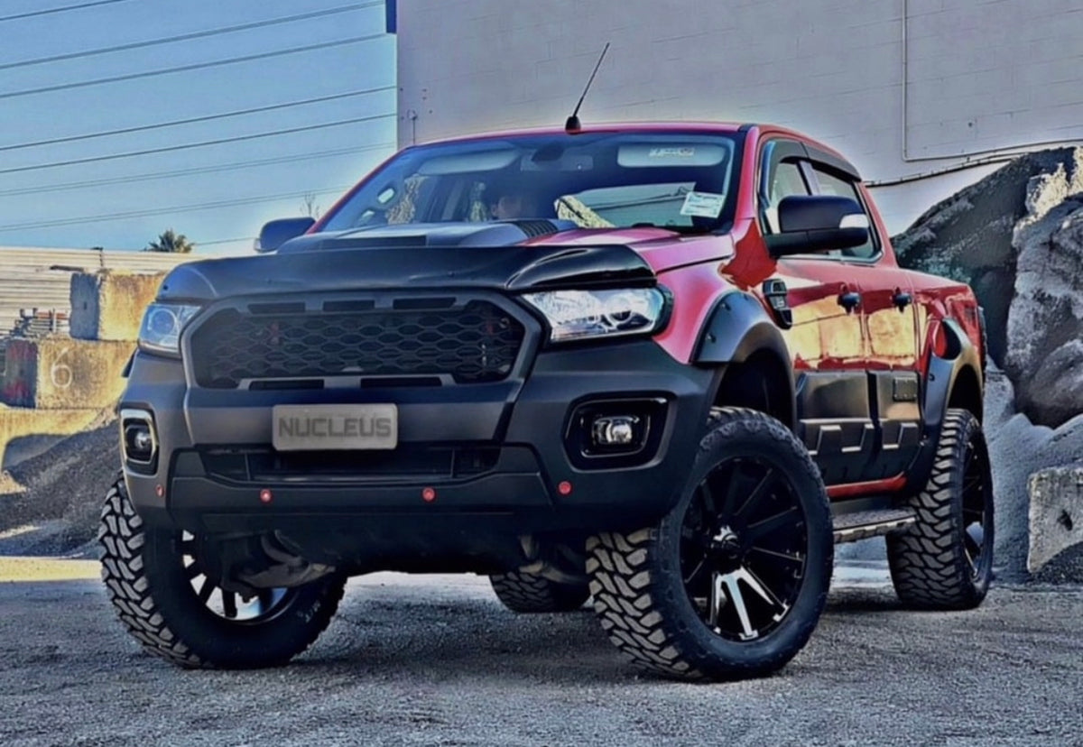 BONNET GUARD THICK 2012-2021- RANGER/EVEREST installed on red Ute Zoomed out view