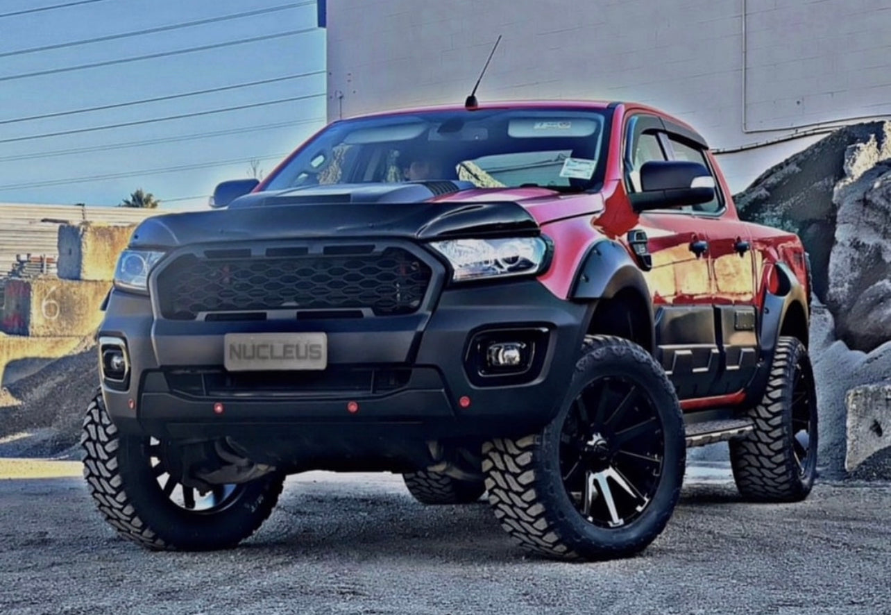 BONNET GUARD THICK 2012-2021- RANGER/EVEREST installed on red Ute Zoomed out view